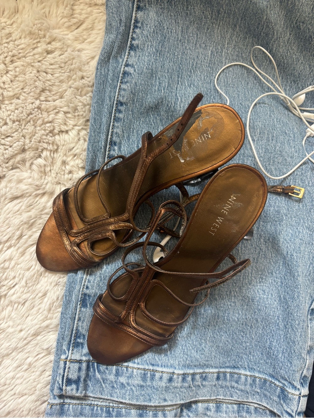 Nine West Bronze Multi-Strap Kitten Heeled Sandals